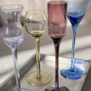 Set of 4 liquor glasses with silver painted wooden tray.